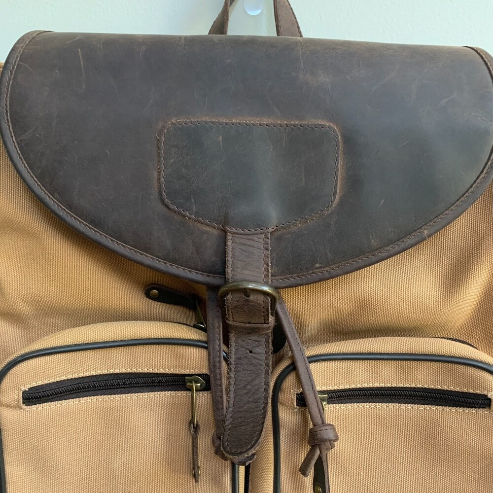 Canyon Outback VTG Leather Canvas Backpack Cinch Buckle Brown Tan Classic 90s - Picture 4 of 12